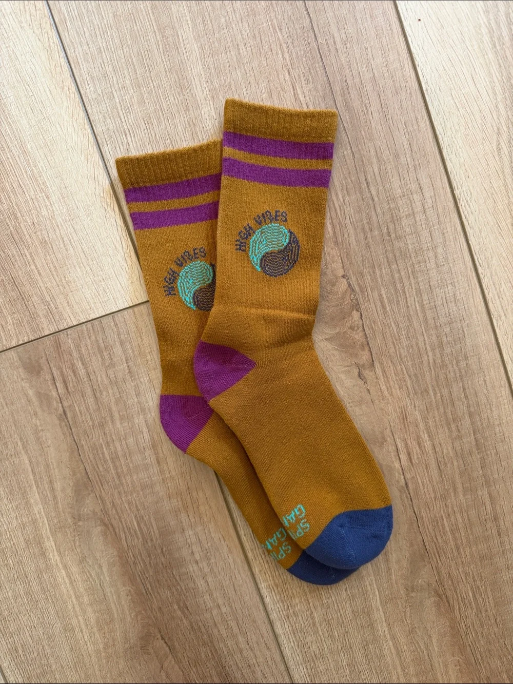 Spiritual Gangster Mustard Crew Socks with Purple Stripes and Navy Toe
